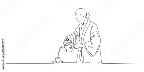 Continuous one line of a person pouring tea from a teapot, representing ritual, calm, and hospitality, drawn vector illustration.