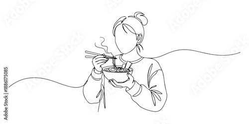 Continuous one line of a person holding a steaming bowl of ramen, symbolizing comfort, flavor, and culture, drawn vector illustration.