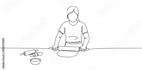 Continuous one line of a person rolling dough with a rolling pin, symbolizing baking, tradition, and craft, drawn vector illustration.