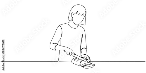 Continuous one line of a person slicing bread with a knife, symbolizing simplicity, tradition, and nourishment, drawn vector illustration.