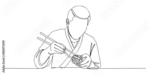 Continuous one line of a person making sushi with chopsticks, representing culture, tradition, and art, drawn vector illustration.