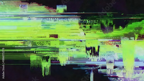 Abstract green digital glitch background with horizontal lines and pixelated distortion patterns representing data corruption