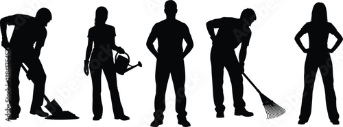 Set of people gardening silhouettes, man shoveling soil, woman with watering can, worker raking leaves, outdoor yard work activity vector illustration