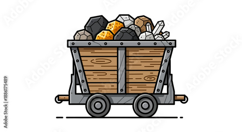 Wooden minecart filled with valuable raw materials and precious stones from a mining operation