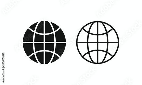 Pair of solid and outline globe icons, minimalist world grid symbols for global network and internet vector design