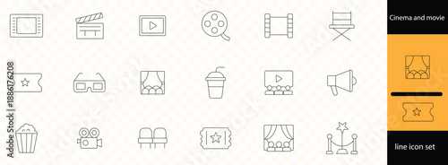 Cinema web icons in line style. Film, popcorn, video, movie theater, 3d, vr, collection. Vector illustration
