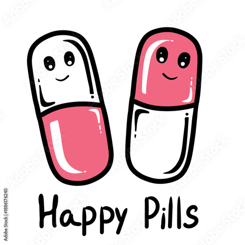 Happy Pills Kawaii Illustration: Cute Smiling Medicine Capsules with Positive Text