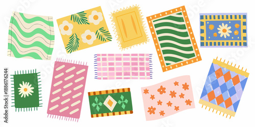 Colorful collection of illustrated rugs and mats with various patterns and textures