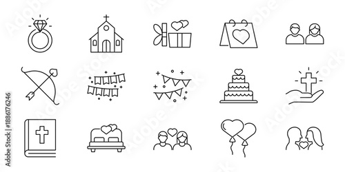 Elegant collection of outline vector icons representing wedding events, romantic love, and celebratory moments, perfect for various graphic design projects