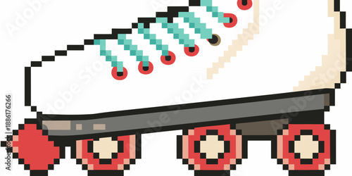 A pixelated illustration of a single white and red roller skate