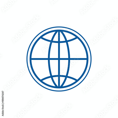 Blue outline globe icon with circular frame, minimalist world grid symbol for global network and internet connectivity vector