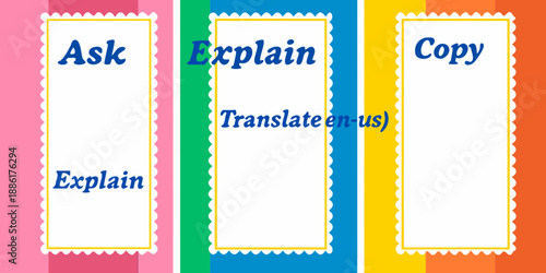 Colorful banners displaying action words ask explain copy and translate