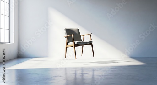Minimal Wooden Chair In Sunlit Empty Room With Soft Shadows