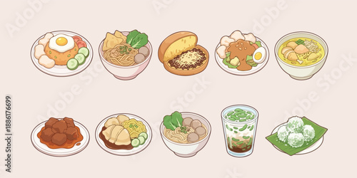 Delicious Indonesian Cuisine Illustrations Set