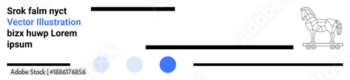 Geometric Trojan horse on wheels, horizontal lines, text placeholders, blue and gray circular shapes. Ideal for cybersecurity, strategy, tech, simplicity, minimalism placeholder design simple