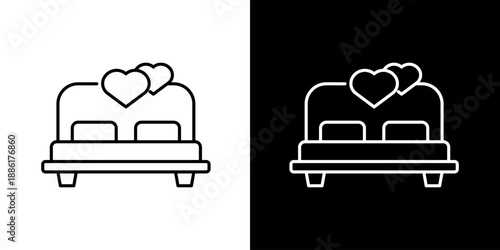 A minimalist line art icon illustration of a bed with two hearts above it, symbolizing love and romance