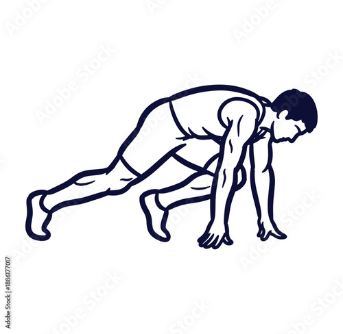 A single athlete in starting position ready to sprint against a clean white background