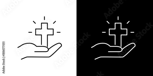 Icon of a hand holding a glowing cross, representing faith, spirituality, and devotion, isolated on white and black backgrounds