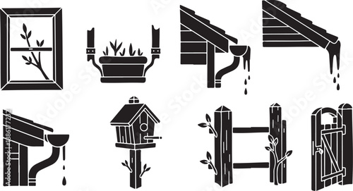 Black and white illustrations of house exterior details icons