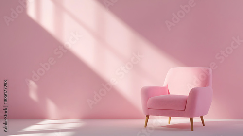Minimal pink room features stylish armchair against soft pink wall, creating serene and inviting atmosphere