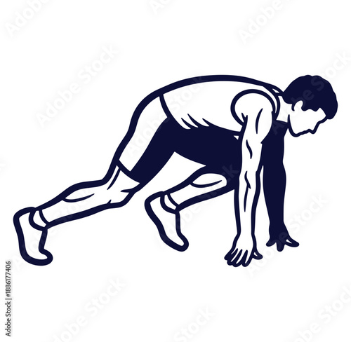 Athletic runner in starting position silhouette ready to sprint isolated on white background