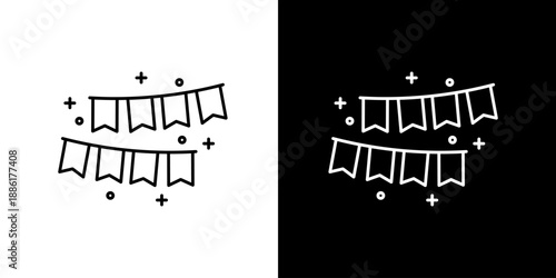 Clean vector line art icon illustration of festive party flags and bunting with subtle sparkling elements, perfect for celebrating birthdays, holidays, and special events