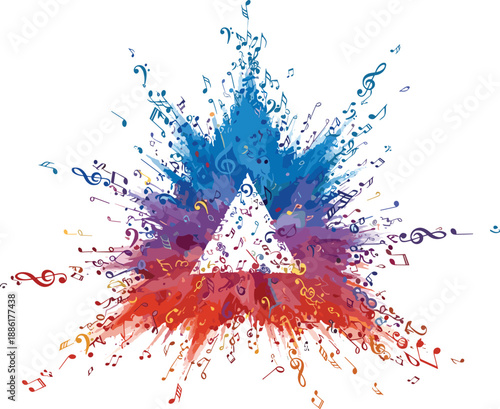 Colorful abstract music notes explosion from central triangle with vibrant blue red and purple paint splashes, artistic musical harmony on white background.