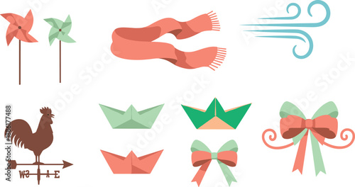 Colorful vector collection of wind and weather elements including pinwheels, flying scarf, breeze icons, weather vane, paper boats, and decorative gift bows