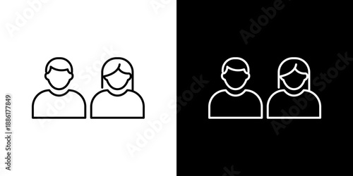 Minimalist vector line art icon set featuring male and female profile avatars representing user identity and group community in a simple, modern design