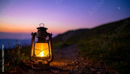 Vintage lantern glowing on a path during a beautiful twilight sunset