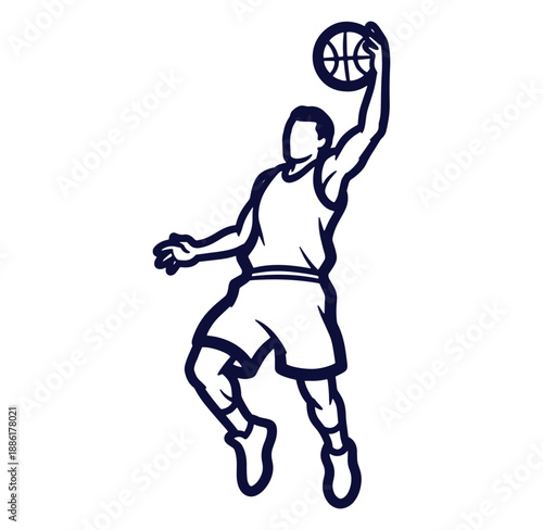 Basketball player performing a slam dunk silhouette illustration on white background