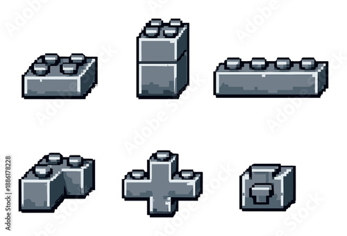 Pixel art lego brick designs on gray background