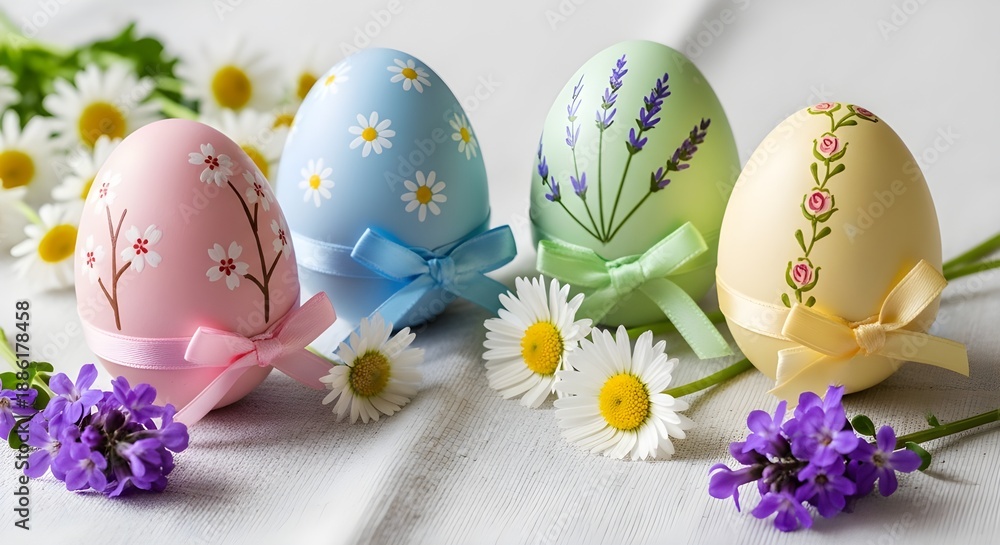 Fototapeta premium Easter eggs decorated with flowers and ribbons for easter