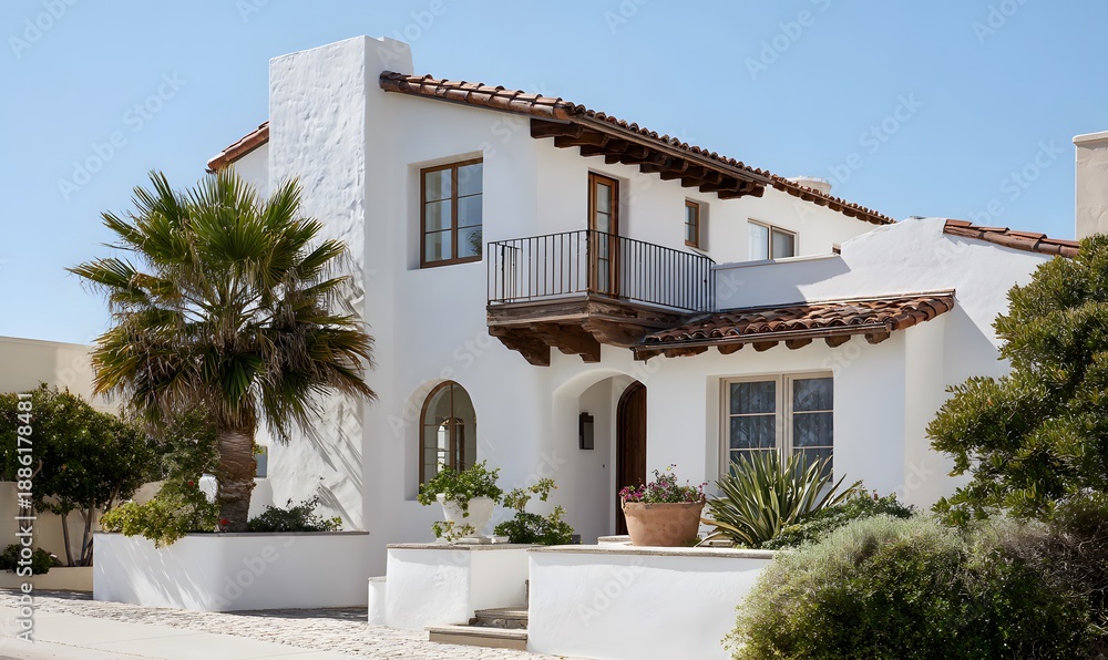 Fototapeta premium A Mediterranean-style house, white stucco walls, arched windows, terracotta roof tiles