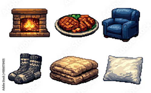 Cozy winter comforts: fireplace, food, armchair, warm socks, blanket, pillow
