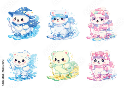 Adorable cartoon polar bears skiing in colorful outfits and accessories