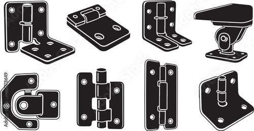 Collection of various metal hinges and hardware components