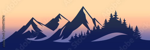Sunrise in the mountains, wild forest and silhouettes of ridges, vector illustration