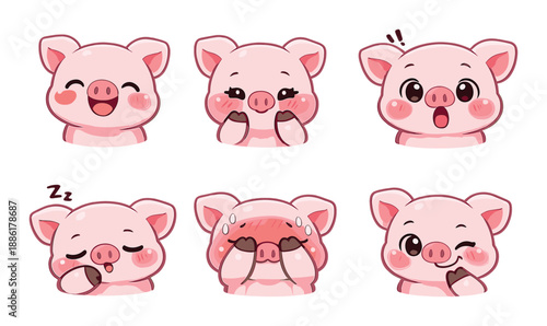 Cute cartoon pig emotions: happy, surprised, sleepy, shy, winking faces