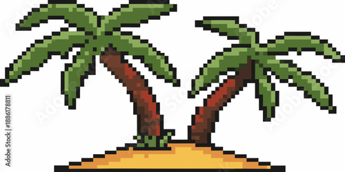 A pixel art illustration of three palm trees on a small island