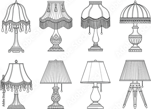 Collection of eight decorative table lamps in vintage and modern styles with unique shades, bases, and ornamental details.