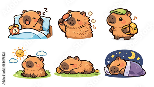 Cute capybara daily activities - sleeping, hiking, sunbathing, dreaming