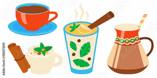 A colorful assortment of hot and cold beverages with various accompaniments