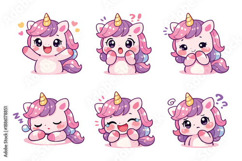 Adorable cartoon unicorns with various expressions and pastel colors