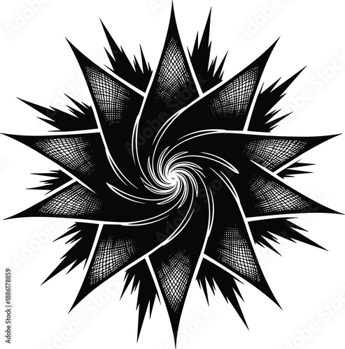 Black-and-white abstract mandala with symmetrical starburst spiral, textured dot gradients, and flame-like extensions for tattoo or design use