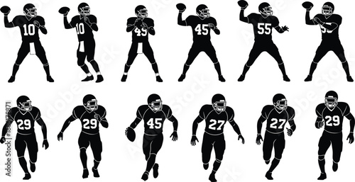 American football player silhouettes collection showing quarterback throws and running actions sport vector illustration isolated on white background