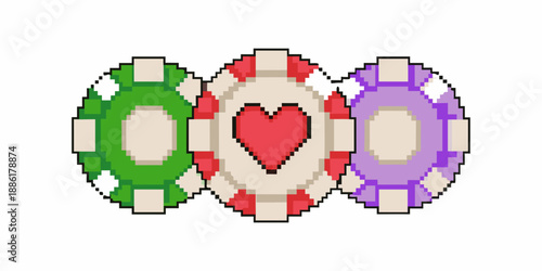 Pixelated casino chips in green red and purple arranged in a row