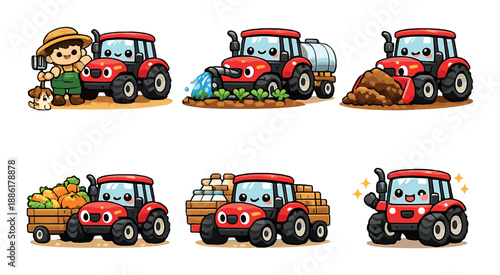 Cute red tractors with farmer and vegetables in cartoon farming scene