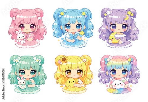 Cute kawaii characters in colorful outfits holding plush toys