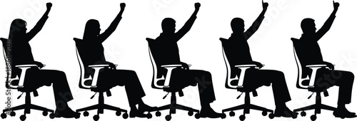Set of business people silhouettes sitting in office chairs with arms raised in success celebration or voting isolated on white background